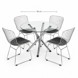 M4- MESA PÉ CROMADO TRAMADO TAMPO VIDRO + 4 CADEIRAS BERTÓIA ASS PRETO- KIT