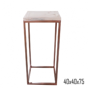 Mesa Ferro ROSE GOLD  Industrial Tampo Madeira Naval 40x40 H:75cm- Linha Assimétricas